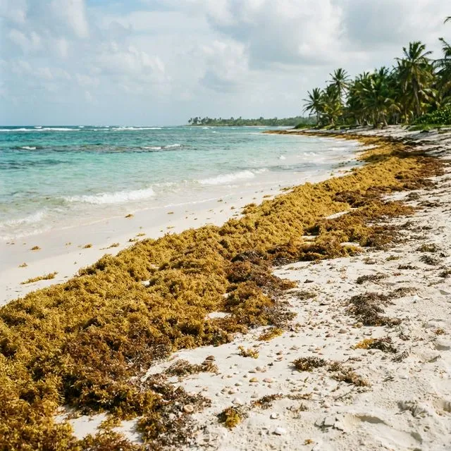 Sargassum Braunalgen am Strand der Dominikanischen Republik